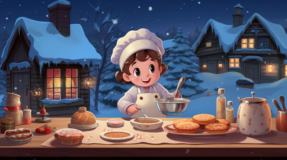 卡通人物女厨师面案雪景