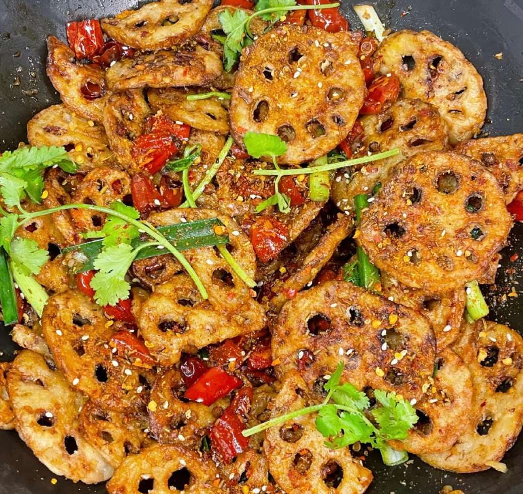 干锅香辣藕片（炸食，小吃菜）的做法